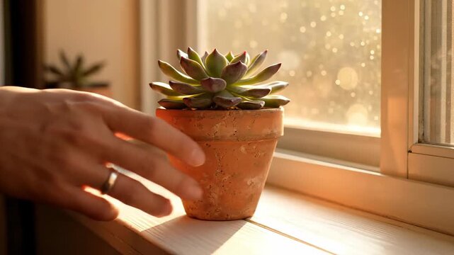 Gentle Hands Tend Potted Succulent Bathed in Warm Sunlight by a Window