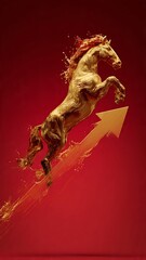 Fototapeta premium Golden Horse Breaking Through Digital Wall Symbolizing Startup Disruption and Market Entry 2026 Vertical Poster