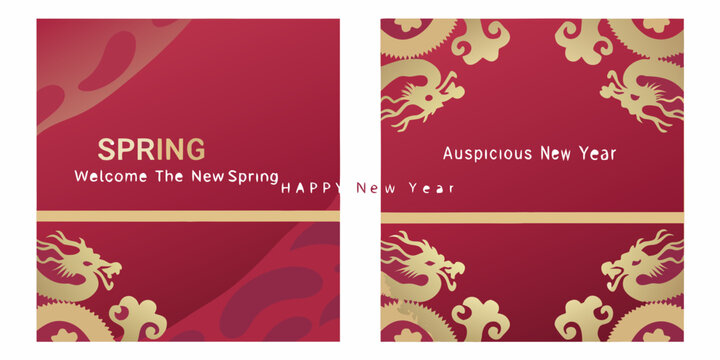 Red and gold spring festival backgrounds with dragon and floral designs