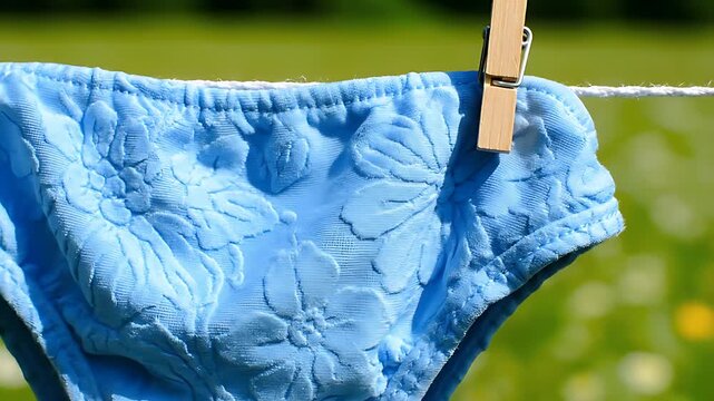 Close-up of a brightly colored, textured blue garment, likely a bikini bottom or brief, securely fastened to a clothesline using a single wooden clothespin outdoors.