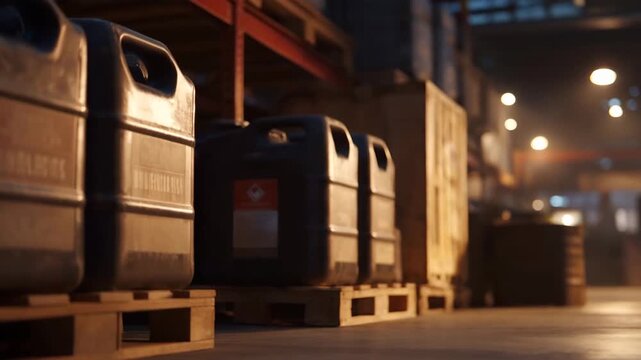 Fuel storage area where gas containers carry official safety warnings and recognizable emblems, supporting risk reduction and emergency preparedness. cinematic color correction, natural uneven