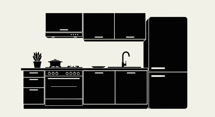 Modern Kitchen Silhouette with Appliances and Cabinets.