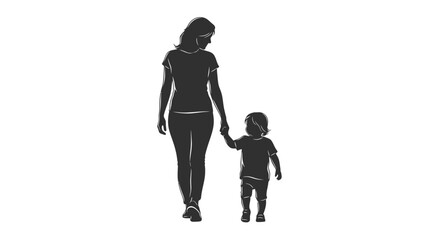 Mother and Child Silhouette Walking Together Holding Hands.