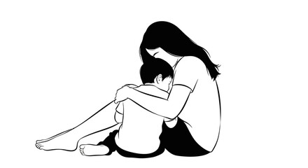 Mother comforting her sad child with a hug illustration.