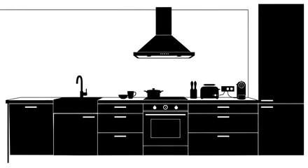 Modern Kitchen Silhouette Design With Appliances.