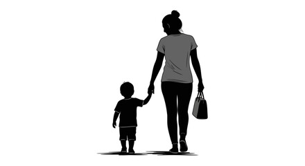 Mother and Child Silhouette Holding Hands Walking Together.