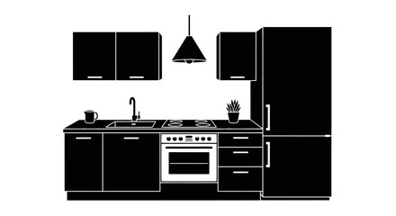Modern Kitchen Silhouette With Appliances And Cabinets.