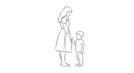 Mother and child holding hands simple line drawing.