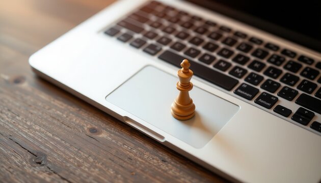 Wooden Chess Piece on Laptop Keyboard, Symbolizing Strategy and Thinking in Digital Age