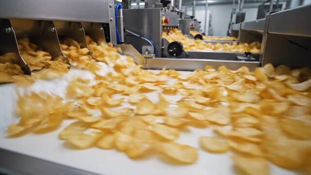 Industrial conveyor pours golden potato chips across a busy production line in a modern factory site