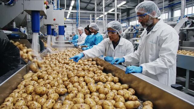 Workers in white coats, and hairnets inspect potatoes on a conveyor inside a processing plant today