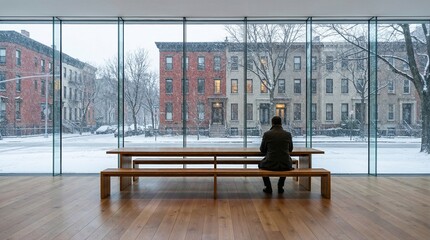 Solitary person sitting on bench in modern gallery with winter city view