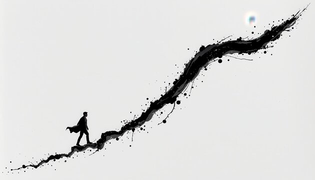 Person Walking on Abstract Path with Ink Splashes and Light at the End of Journey Concept