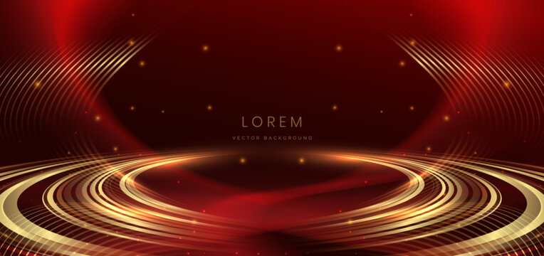 Luxury gold curve lines on dark red background with lighting effect. Template celebration award concept.