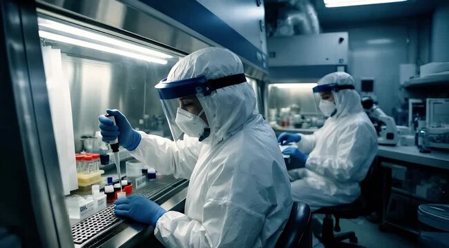 Researchers in protective gear working in sterile laboratory with biosafety cabinet, pipetting samples in cleanroom conditions, biotechnology and medical research concept generative AI