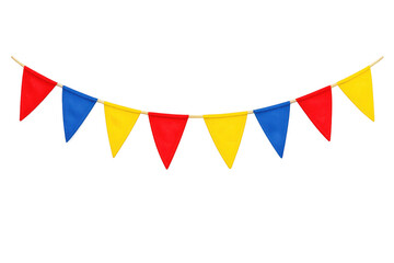 Obraz premium Colorful party bunting stringing red, yellow, and blue triangular flags, creating a festive holiday decoration on transparent background