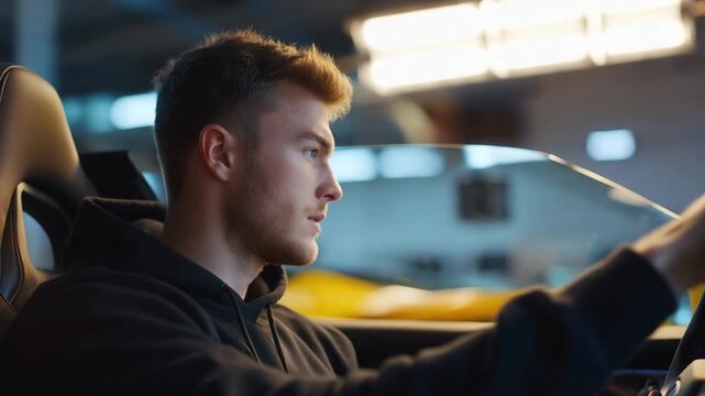 Inside a modern garage workshop, skilled mechanics perform inspections, repairs, and tuning, emphasizing technical expertise, efficiency, and high quality automotive service. cinematic color