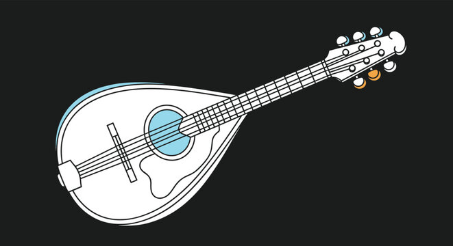 Classic stringed musical instrument like a mandolin or lute shown in a simple line art style on a black background.