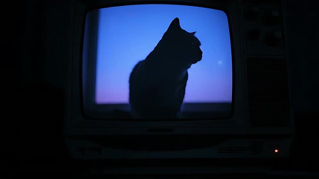 Silhouette of a mysterious black cat strikingly displayed on an old cathode ray tube television screen against a vibrant blue and purple evening sky background.