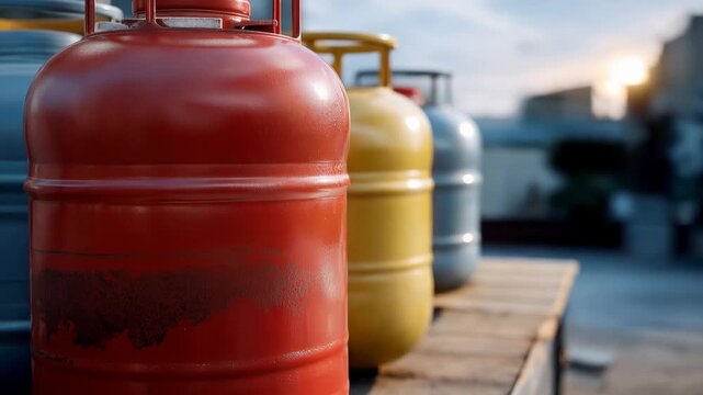 Liquefied petroleum gas stored in metal cylinders, industrial energy resource used for heating, cooking, and fuel supply, emphasizing safety, efficiency, and modern energy infrastructure. cinematic