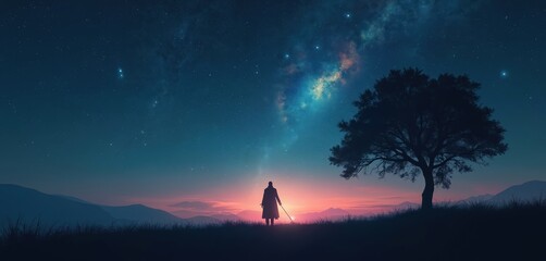 Fototapeta premium Man with sword stands on hill under starry sky with nebula. Tree silhouette near him. Colorful sunset sky. Fantasy landscape scene. Sci-fi illustration. Cosmic background art.