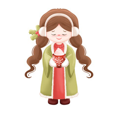 Adorable little girl in winter outfit with hot cocoa and Christmas elements