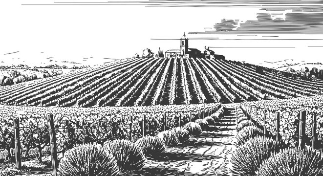 Vineyard panorama with rows of grapevines and countryside church on horizon under cloud sky