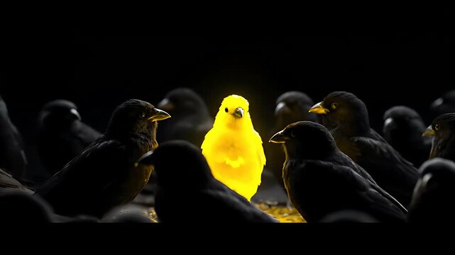 A single bright yellow bird illuminates dramatically amidst a gathering of dark, silhouetted common birds, symbolizing uniqueness and standing out from the crowd.
