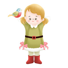 Adorable little girl in winter outfit with hot cocoa and Christmas elements