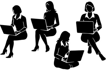 Woman CEO Silhouette Using Laptop bundle, Entrepreneurship and Career Vector Art