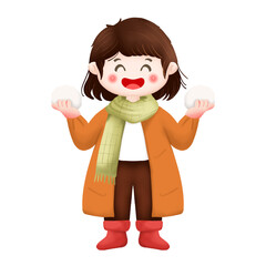 Adorable little girl in winter outfit with hot cocoa and Christmas elements