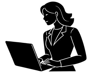 Empowered Female Professional Working on Laptop Silhouette Vector, Business and Productivity Concept