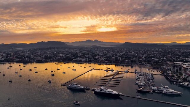 Drone Shot Of Sailing Boats Anchored At Marina At Sunset, Famous Baja , La Paz Mexico