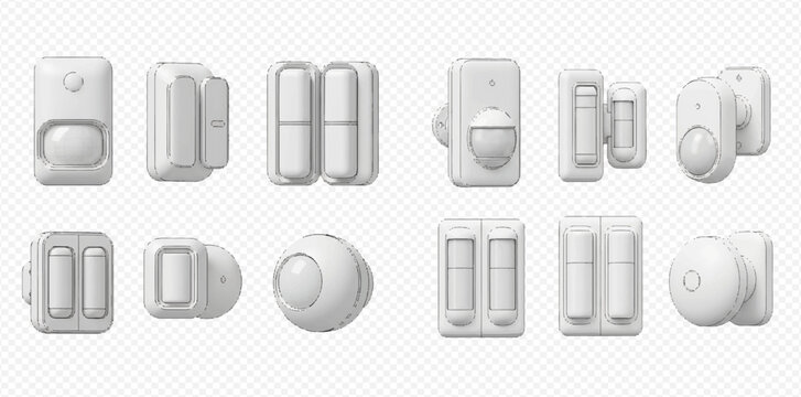 Set of home security system devices, including motion sensors, door and window contacts, and alarm components.