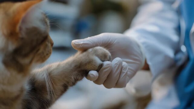 Medical empathy is visible when a veterinarian reaches out with a gloved hand, softly holding an animal paw during diagnosis. cinematic color correction, natural uneven lighting yet gentle