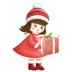 Adorable little girl in winter outfit with hot cocoa and Christmas elements