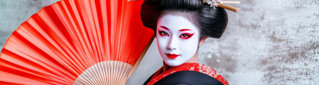  japanese geisha with white face makeup and a red fan, wearing a k kimono, stands against an isolated background