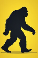 Fototapeta premium Black silhouette of a furry Bigfoot walking on a bright yellow background. This cryptid creature is depicted in profile, suggesting a mysterious presence. A simple graphic with bold shapes.