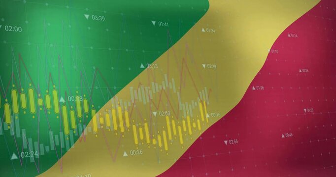 Animation of graphs processing data over flag of republic of the congo