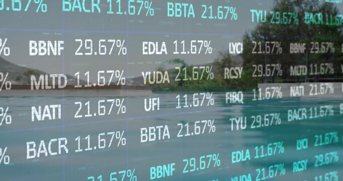Animation of financial data processing over sunny lake and trees