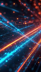 Fototapeta premium Abstract colorful light streaks, particles create futuristic digital network pattern. Glowing lines, bokeh dots form energetic, vibrant cyberspace. Dynamic background suits tech, science, data themes.