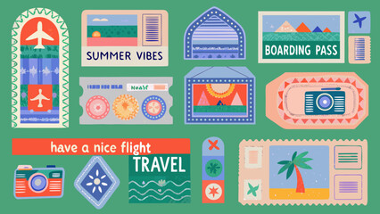 Colorful travel stickers and badges with airplane and summer themes © prince