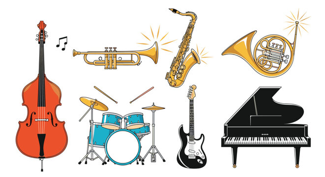 Comprehensive set of musical instruments including a double bass, trumpet, saxophone, french horn, drums, electric guitar, and piano.