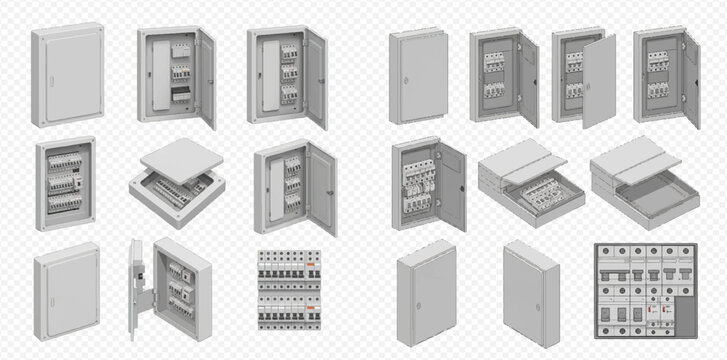 Electrical panel set with open and closed fuse boxes, circuit breakers, and distribution boards for home and industrial power systems.