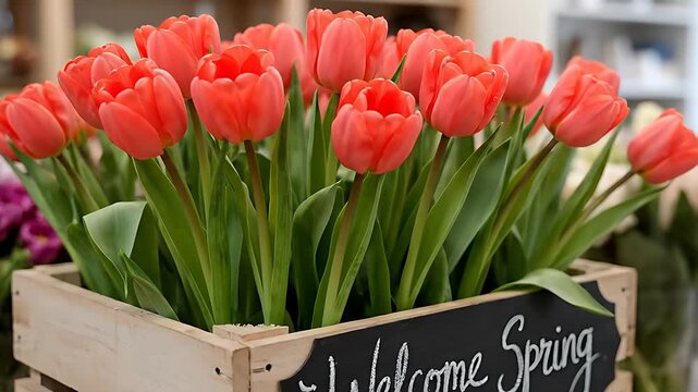 Vibrant orange tulips bursting with color are beautifully presented in a rustic wooden crate featuring a charming welcome spring chalkboard sign announcement.