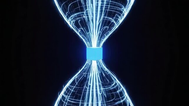 Glowing Hourglass with Neon Blue Lines on Dark Background - Futuristic Time Concept Artwork with Isometric Wireframe Design