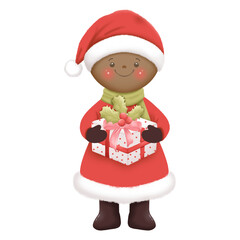 Adorable little girl in winter outfit with hot cocoa and Christmas elements