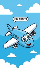 Naklejka premium Cartoon airplane flying in blue sky.