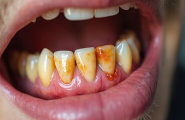 Open male mouth shows dirty teeth with yellow tartar buildup and inflamed gums. Visible sore on inner lip indicates oral health issues requiring dental care. This image highlights dental problems.