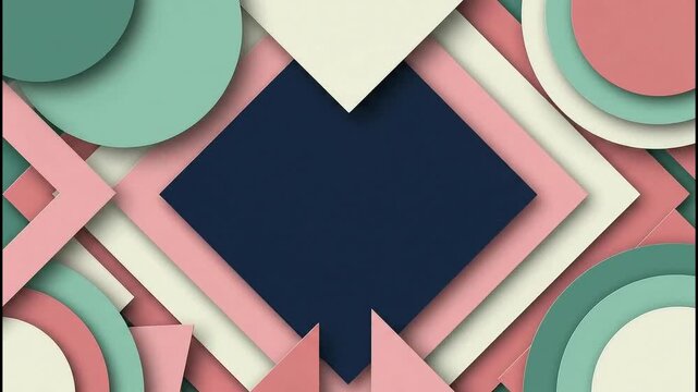 Off-center blue rectangle amid pastel circles chevrons playful geometric organic abstract design